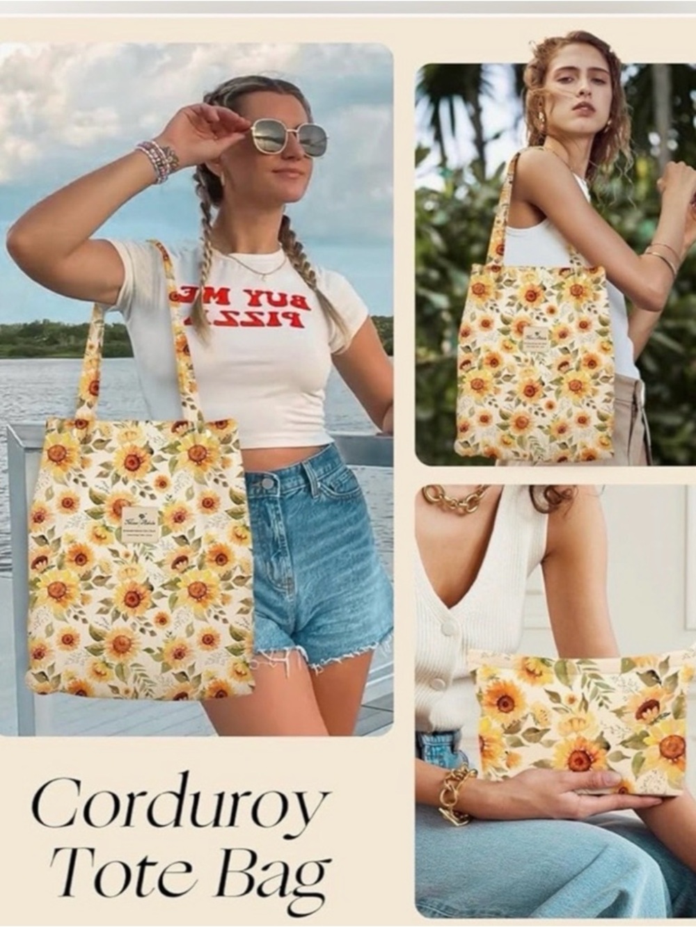 Sunflower Print Cream Tote Bag with Small Pouch - Picture 3 of 5